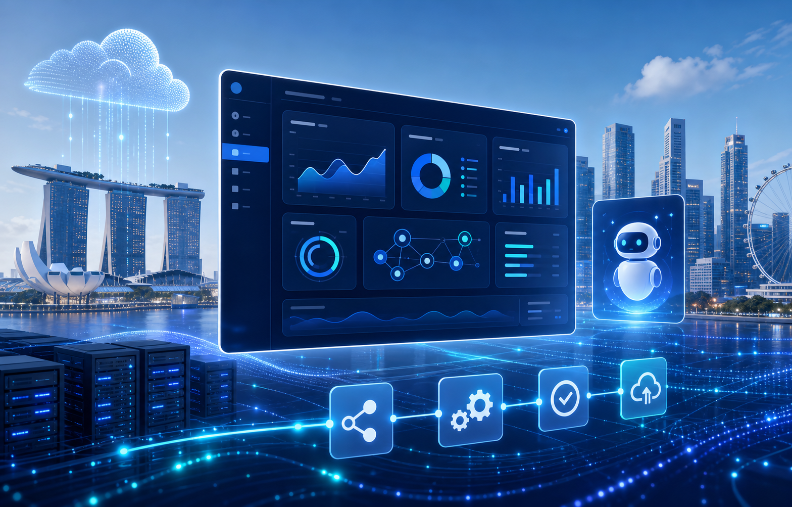 AI operating system dashboard with cloud infrastructure and intelligent agents